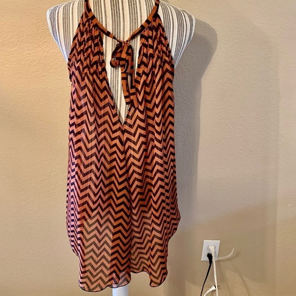 H&M Tunic Top XS/S Black Rust Chevron Stripe Sleeveless Semi-Sheer Tank - Picture 8 of 14
